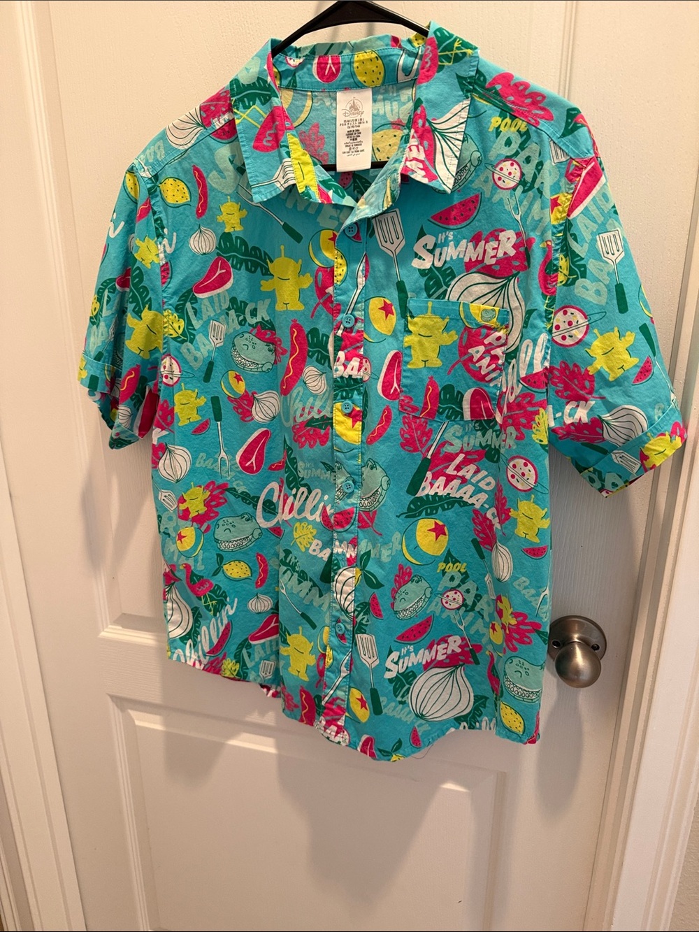 Disney Men's Toy Story TurquoiseButton-Down Shirt with Pink & Yellow Accents